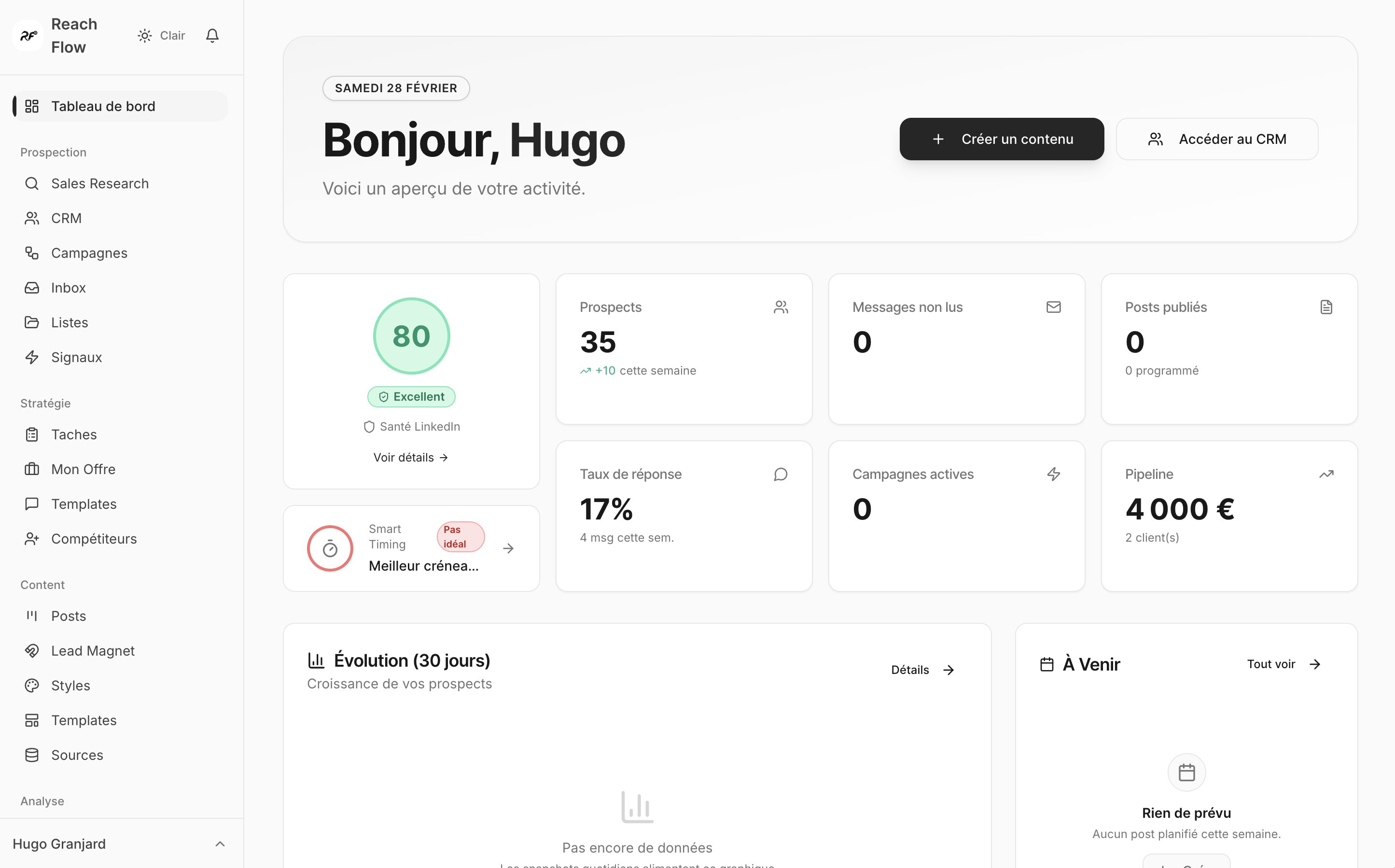 Tableau de bord Reach Flow : prospection LinkedIn et campagnes Email automatisées par l'IA