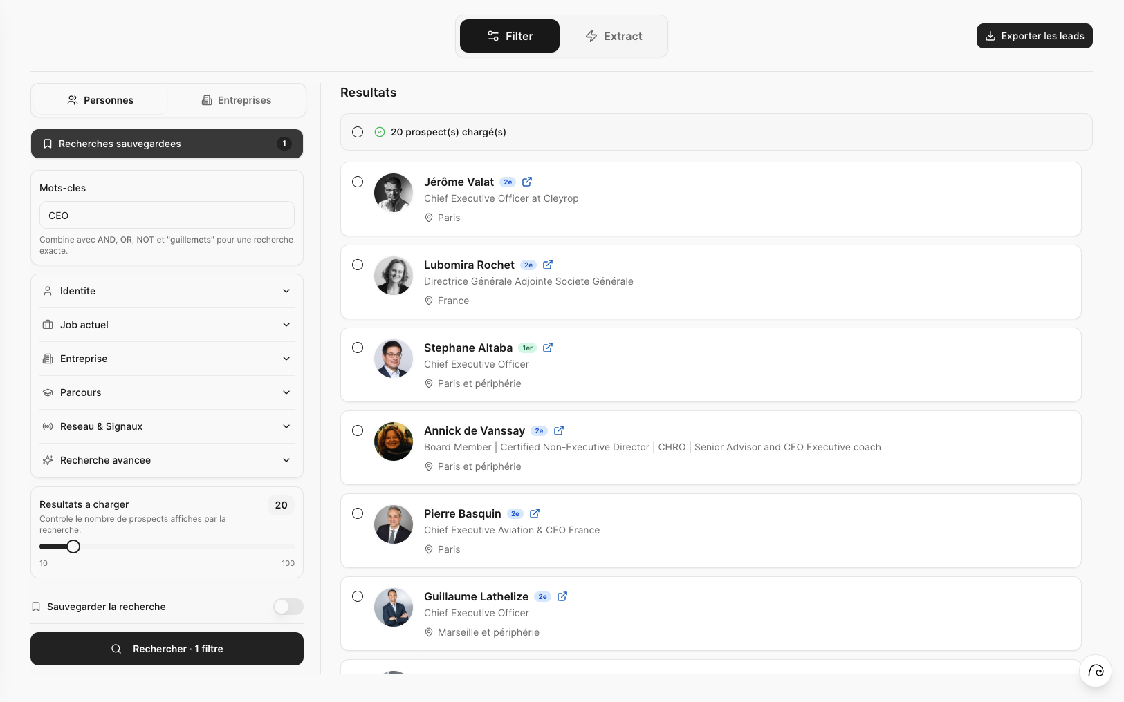 Screenshot of the Reach Flow Prospects interface